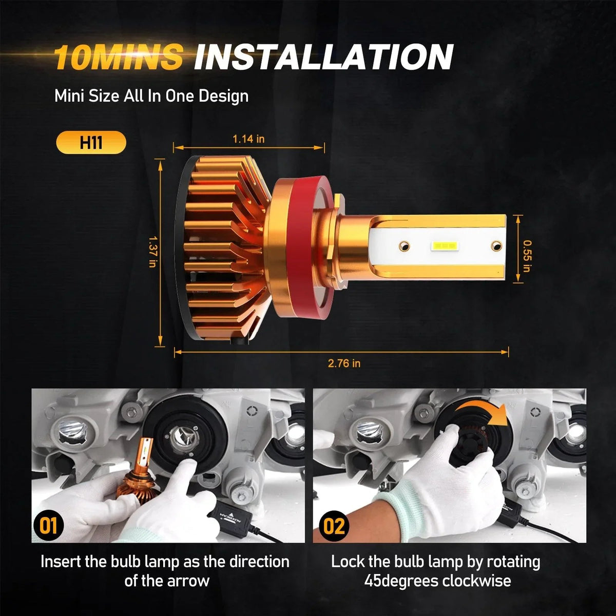 Auxbeam H11 LED Headlight Bulbs 52W F2 Series Mini Size 2 Bulbs