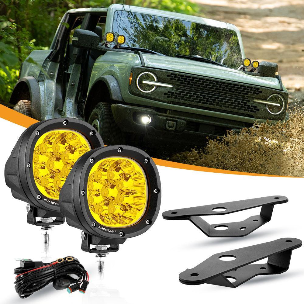 4 Inch 90W Round Yellow Spot LED Driving Lights with Dual A-Pillar Mounting Bracket For Ford Bronco 2/4 Door 2021 2022