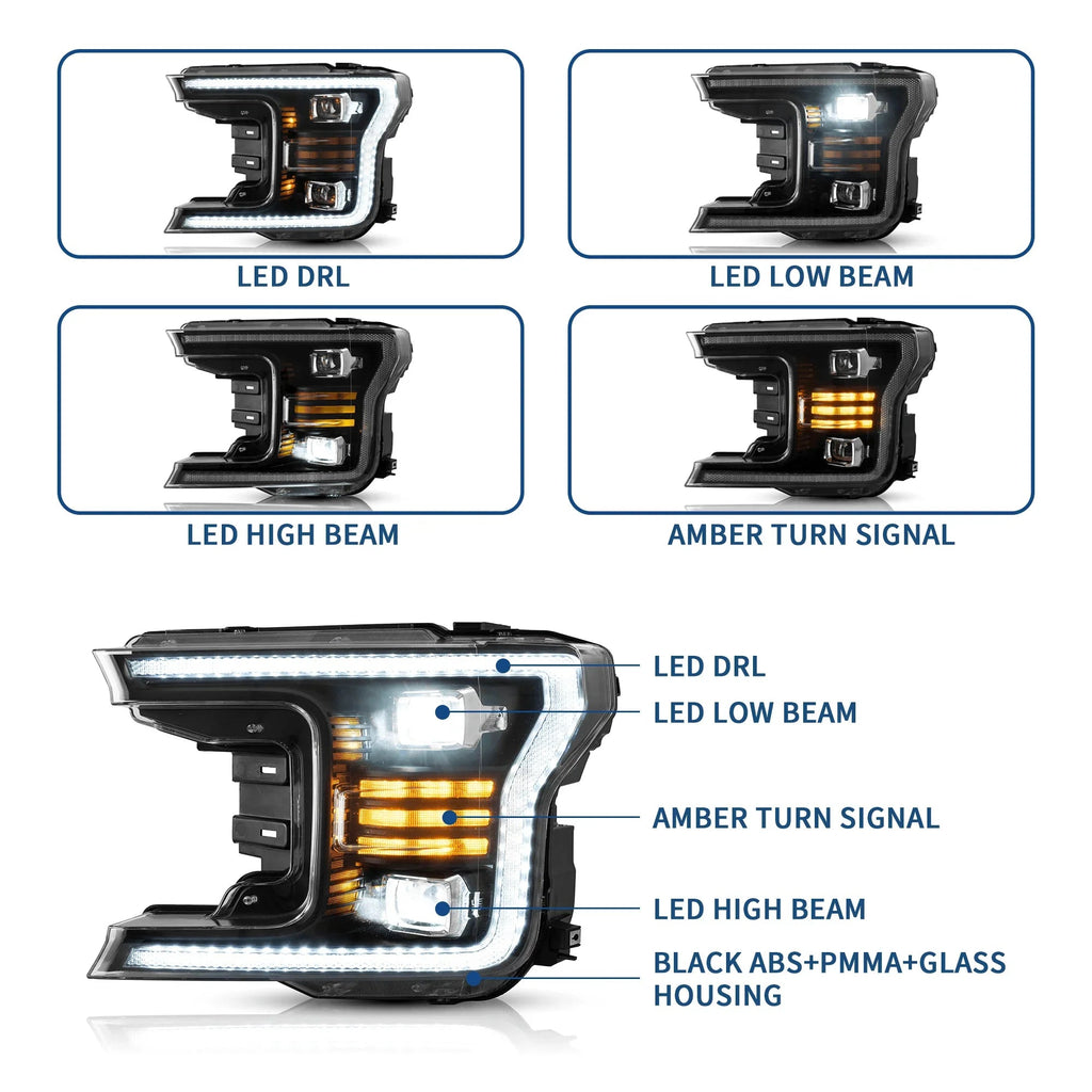 Vland LED Headlight Assembly Dual Beam for 2018-2020 Ford F150 13th Gen