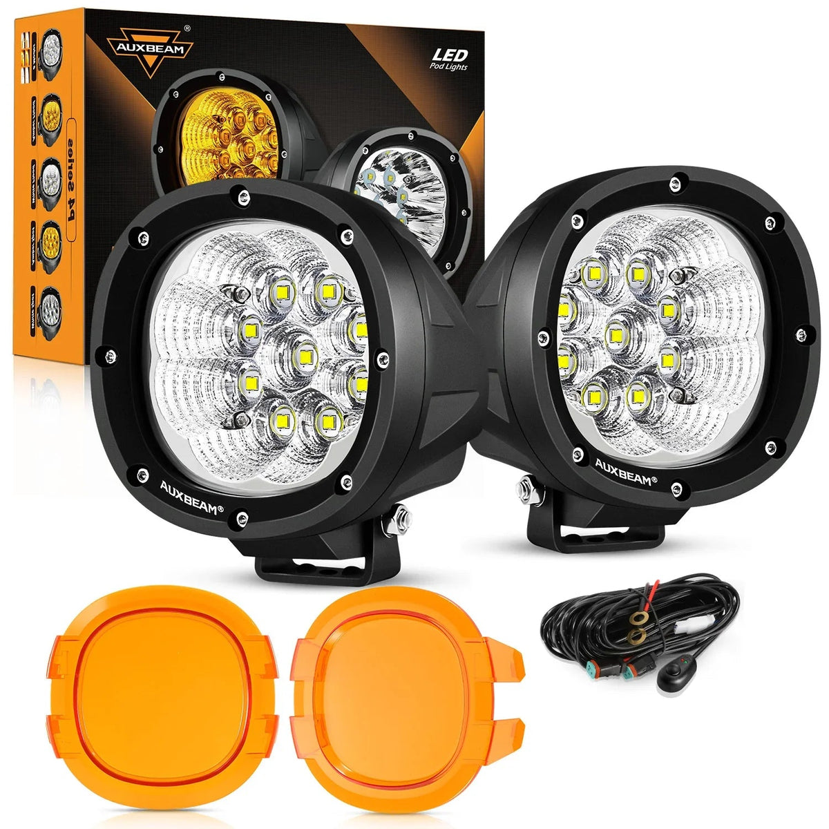 Auxbeam P4 Series 4 Inch 90W Round LED Driving Lights Flood White Pod Lights