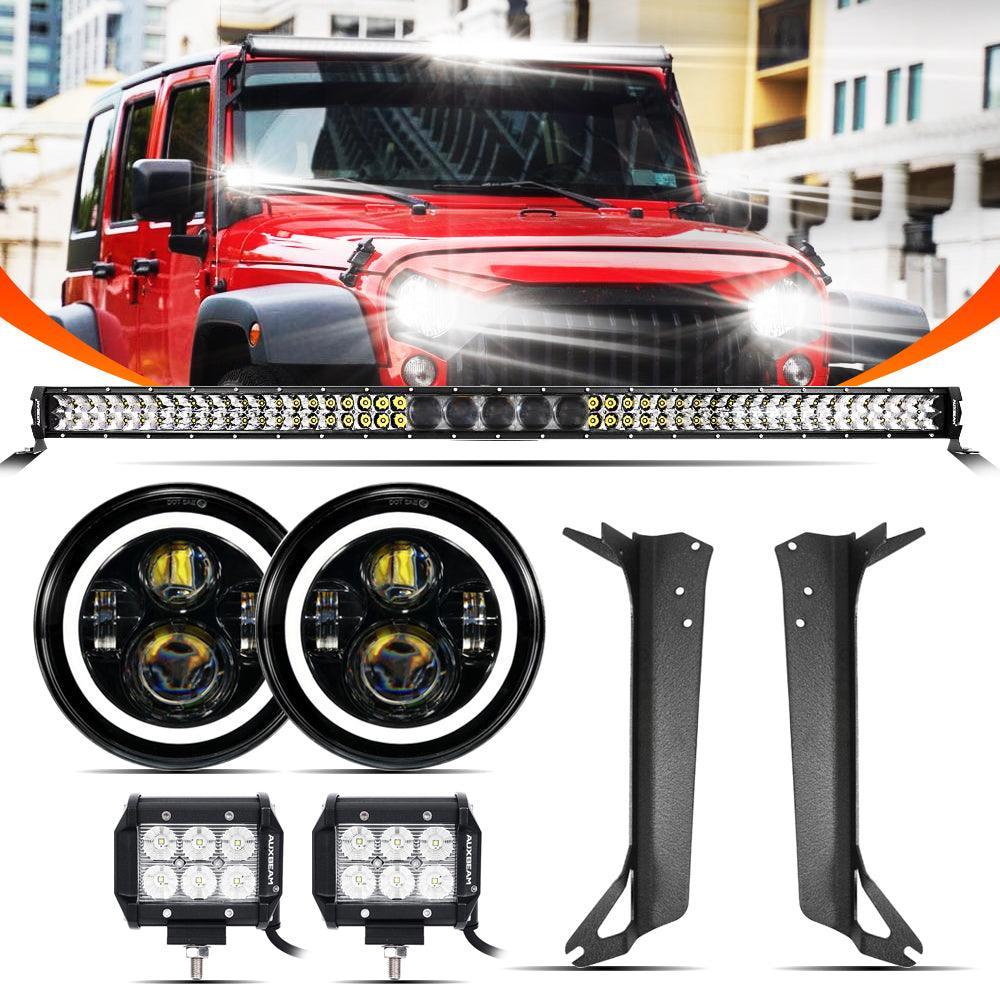 Auxbeam 7" LED Halo Headlights + 5D-PRO 52" Straight LED for Jeep Wrangler TJ