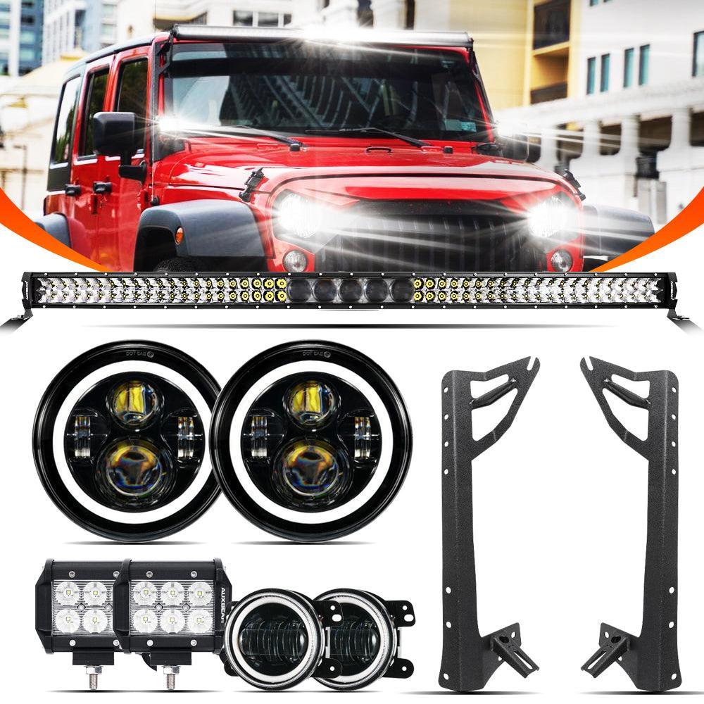 Auxbeam 7" LED Halo Headlights + 4" Inch LED Fog Lights for Jeep Wrangler JK