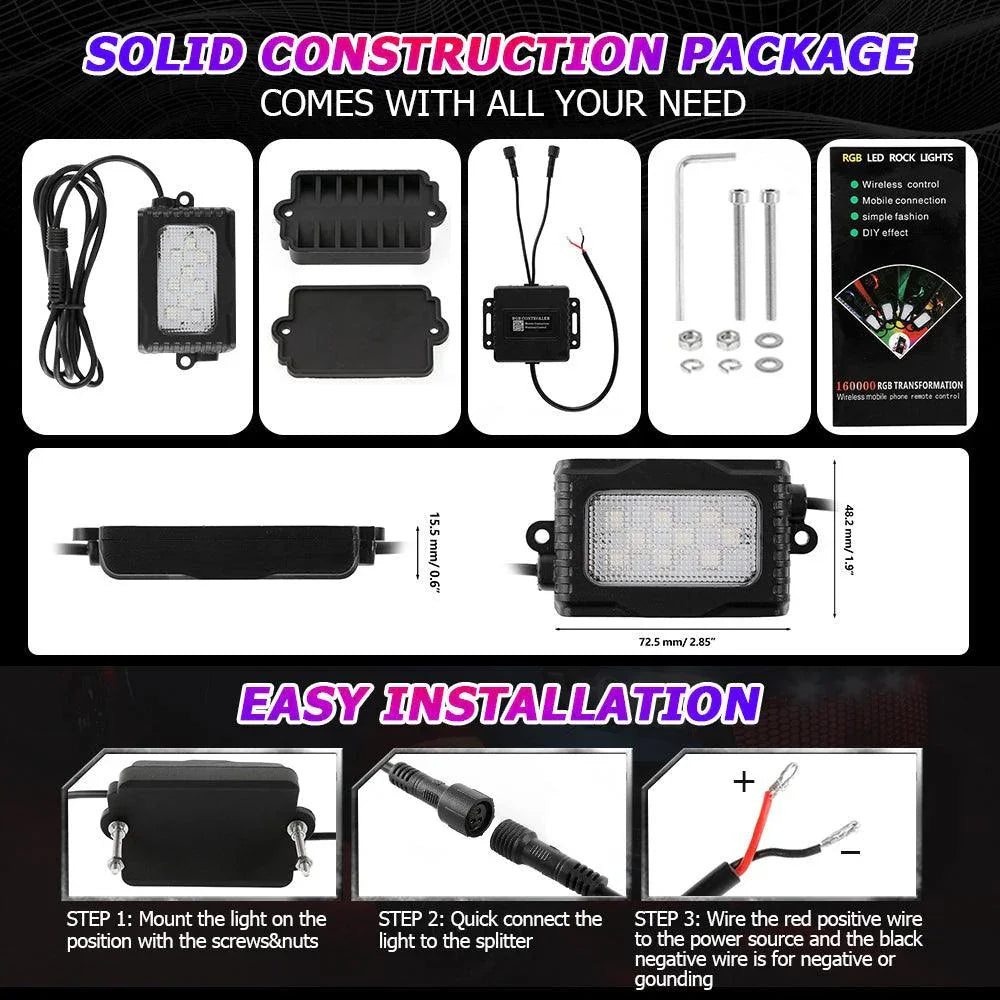 Auxbeam Magic Dream Color RGB LED Rock Lights Kit with Bluetooth APP Control