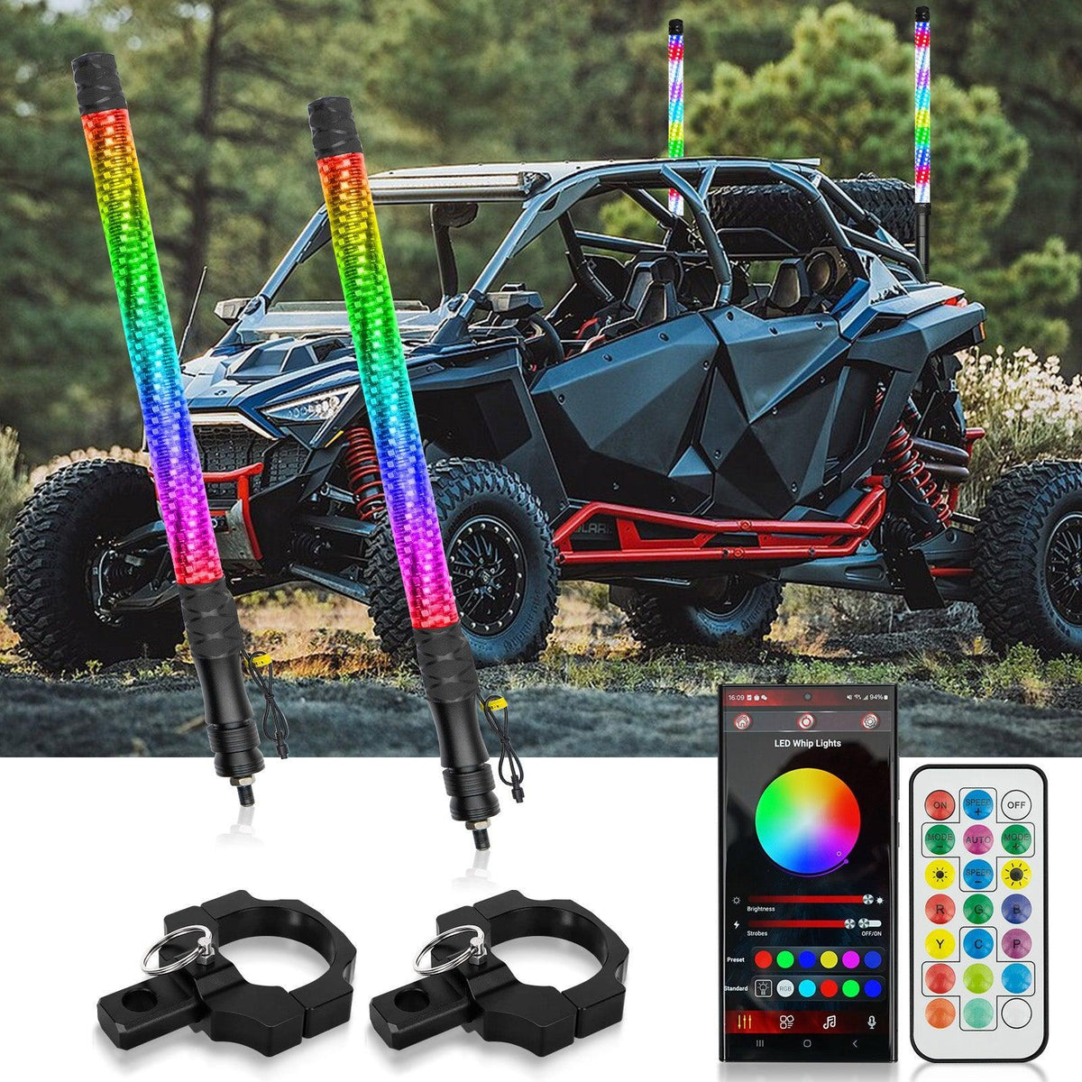 Auxbeam 2.2FT LED RGB Whip Lights with Turn Signal & Brake Light