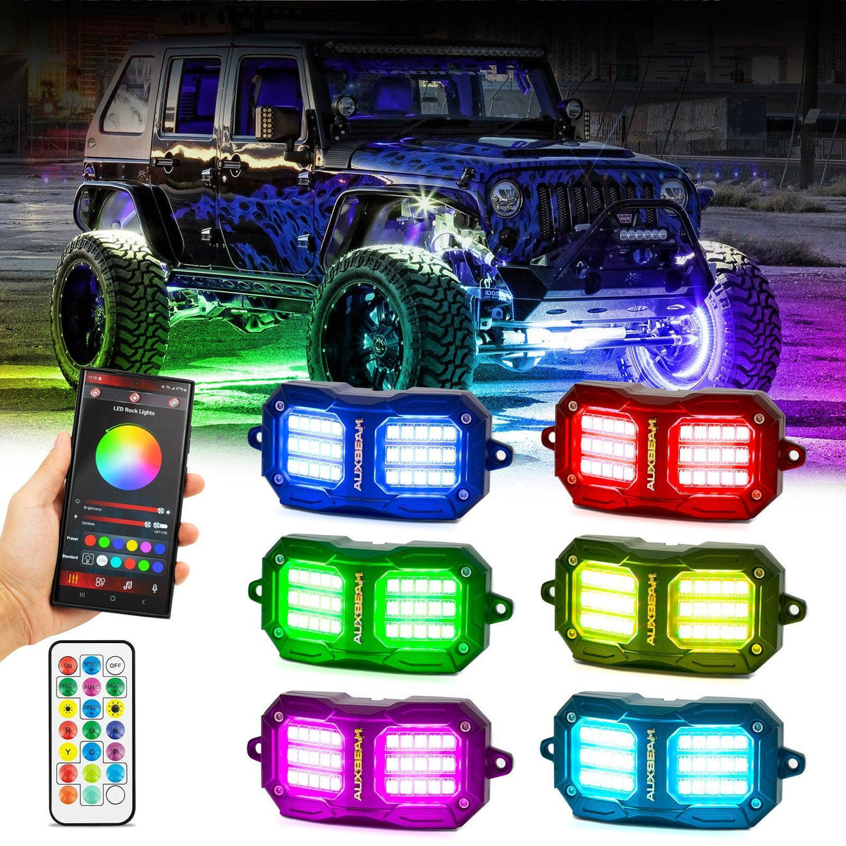Auxbeam Vibrant Series RGB LED Rock Lights Kit Multicolor Neon Underglow Lights