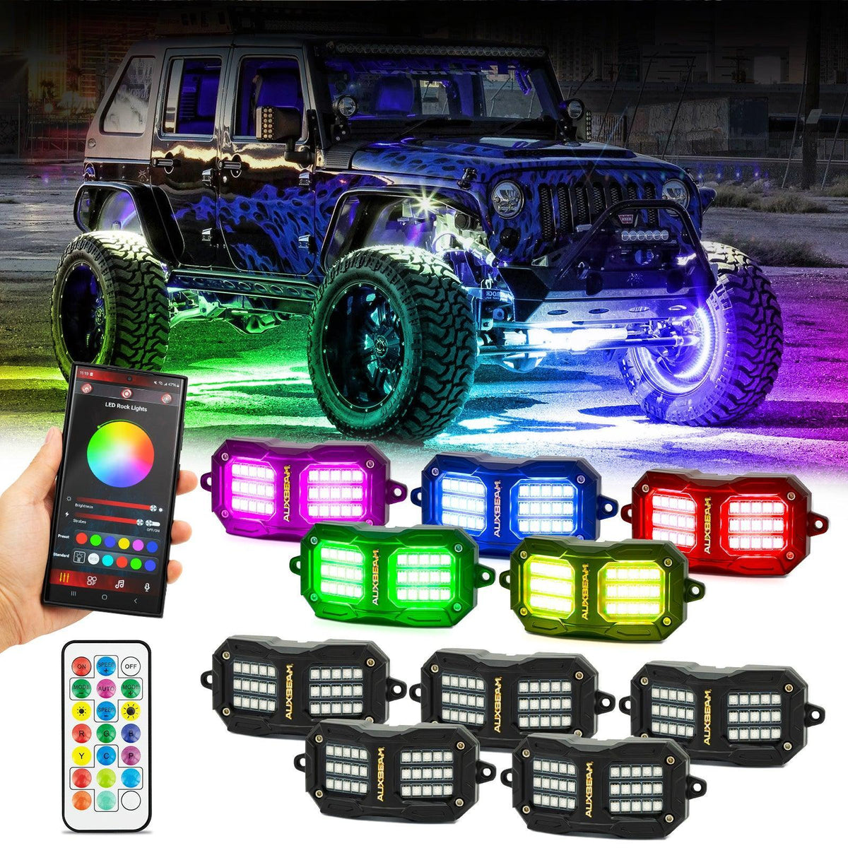 Auxbeam Vibrant Series RGB LED Rock Lights Kit Multicolor Neon Underglow Lights
