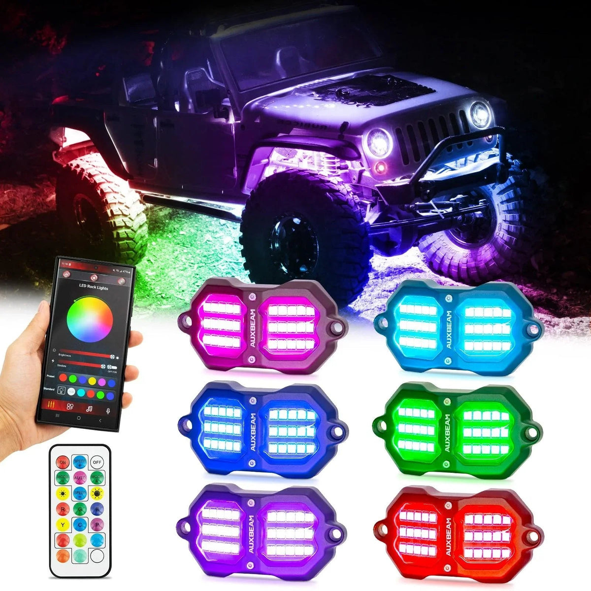 Auxbeam Vibrant Series RGB LED Rock Lights Kit Multicolor Neon Underglow Lights
