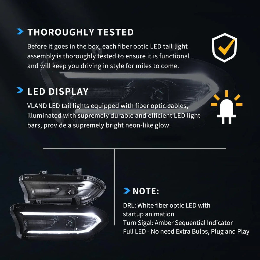 Vland LED Headlight Assembly Dual Beam for 2015-2023 Dodge Charger 7th Gen (LD)