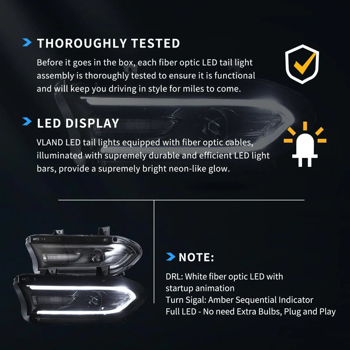 Vland LED Headlight Assembly Dual Beam for 2015-2023 Dodge Charger 7th Gen (LD)