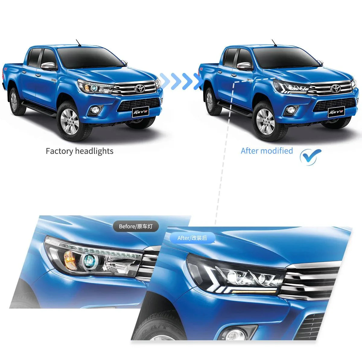 Vland LED Headlight Assembly 2nd Dual for 2015-2020 Toyota Hilux SR5 8th Gen