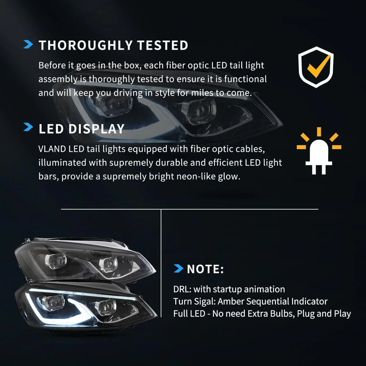 Vland LED Headlight Assembly for 2014-2017 Volkswagen Golf 7th Gen (Mk7, Typ 5G)