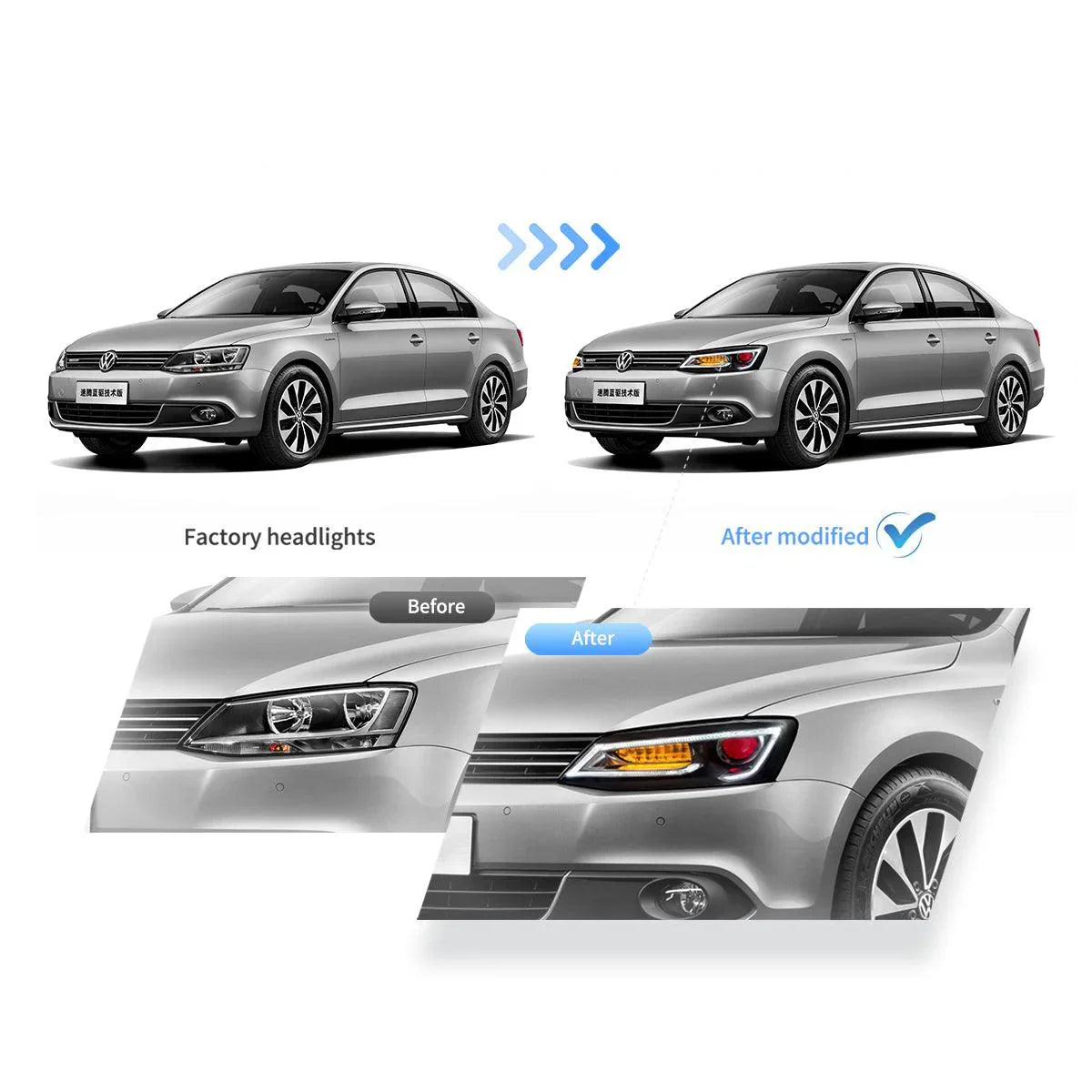Vland LED Headlight Assembly Dual Beam Projector for 2010-2018 Volkswagen Jetta