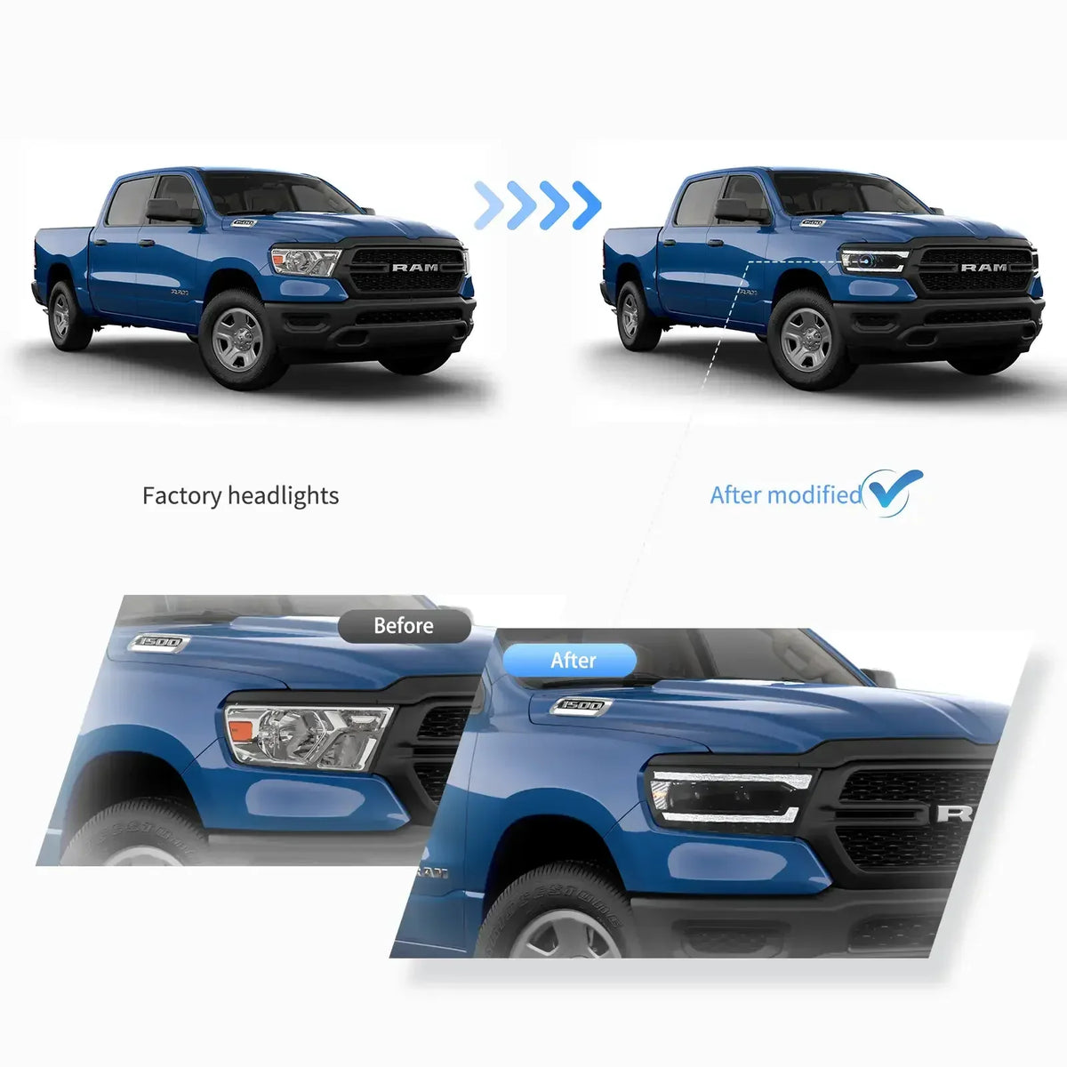 Vland Full LED Headlight Assembly for 2019-2024 Dodge Ram 1500