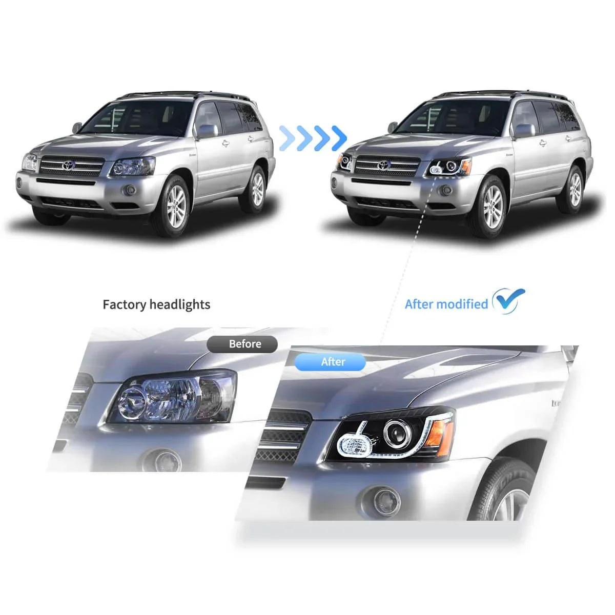 Vland LED Headlight Assembly Dual for 2004-2007 Toyota Highlander 1st Gen (XU20)