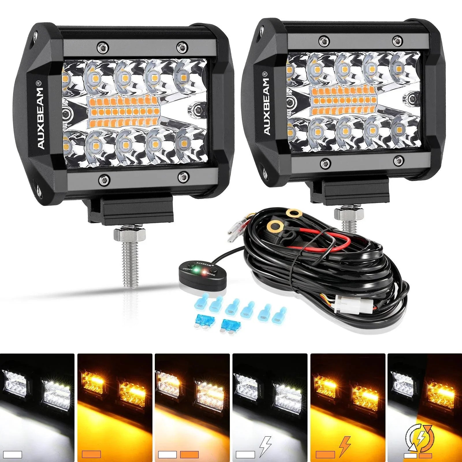 4 inch 6 Modes White&Amber LED Working Light LED Pods with Wiring Harness for SUV ATV UTV Trucks Pickup Boat