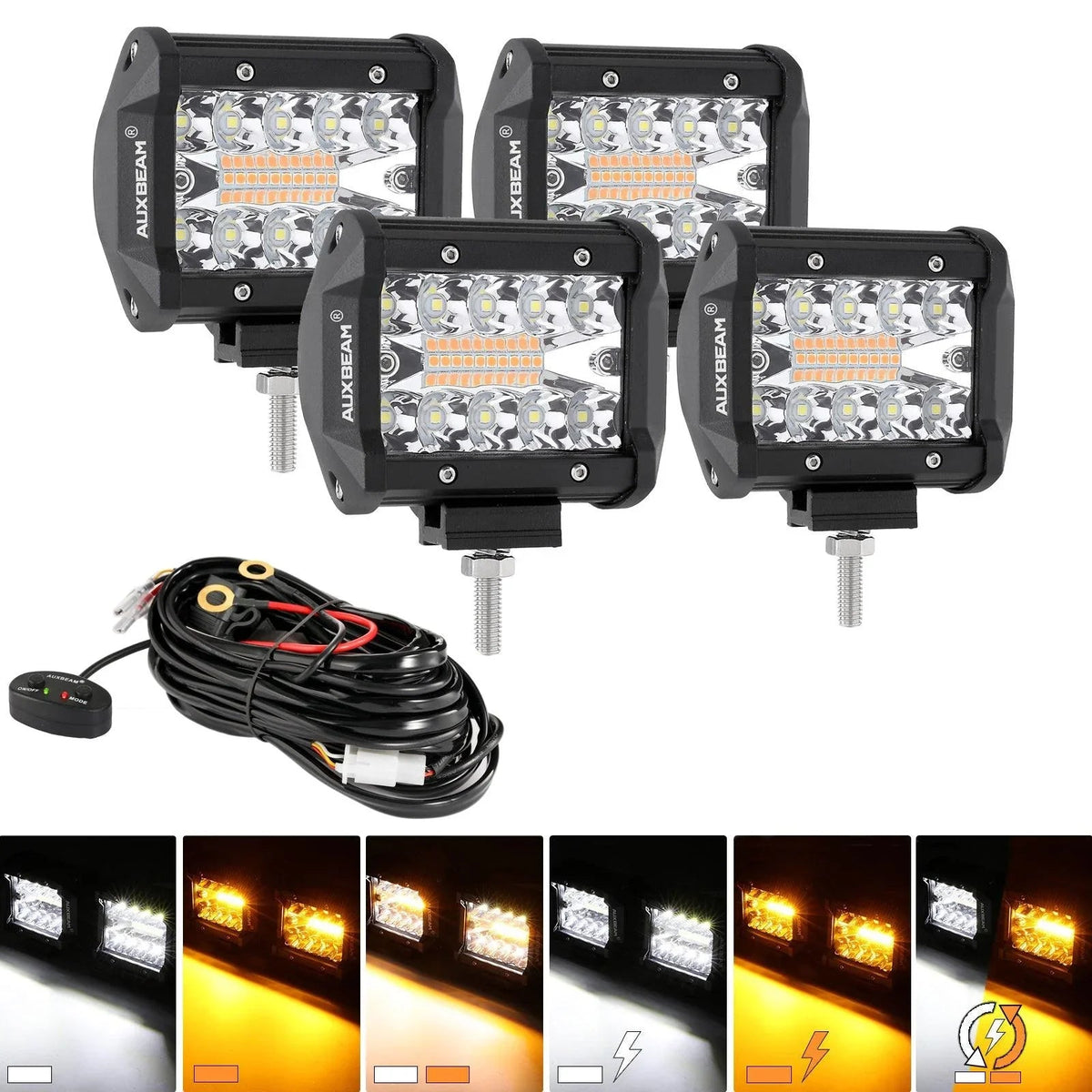 Auxbeam 4 inch White&Amber LED Working Light LED Pods with Wiring Harness