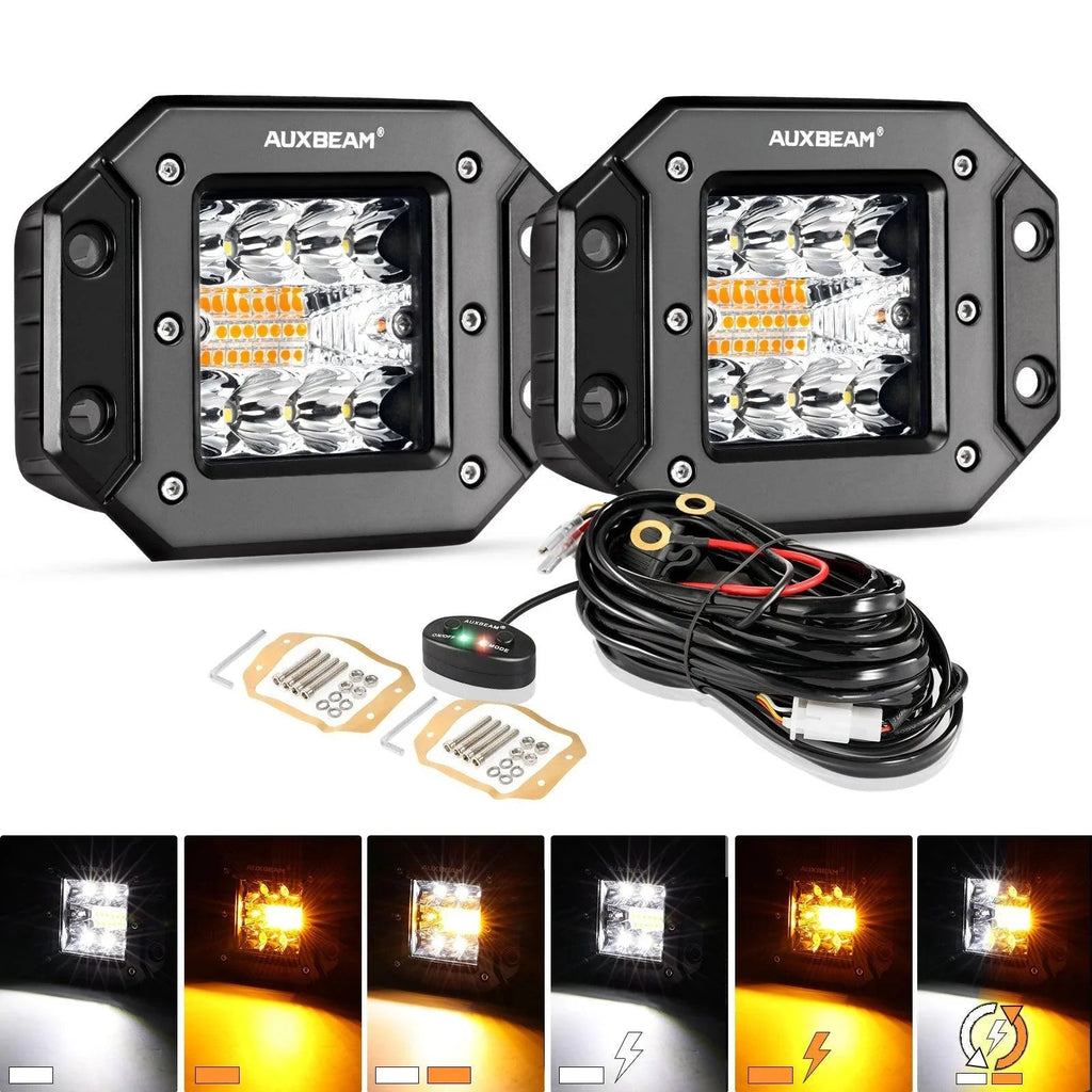 3 inch 6 Modes White&Amber LED Square Light Pod Working Lights with Wiring Harness for SUV ATV UTV Trucks Pickup Boat