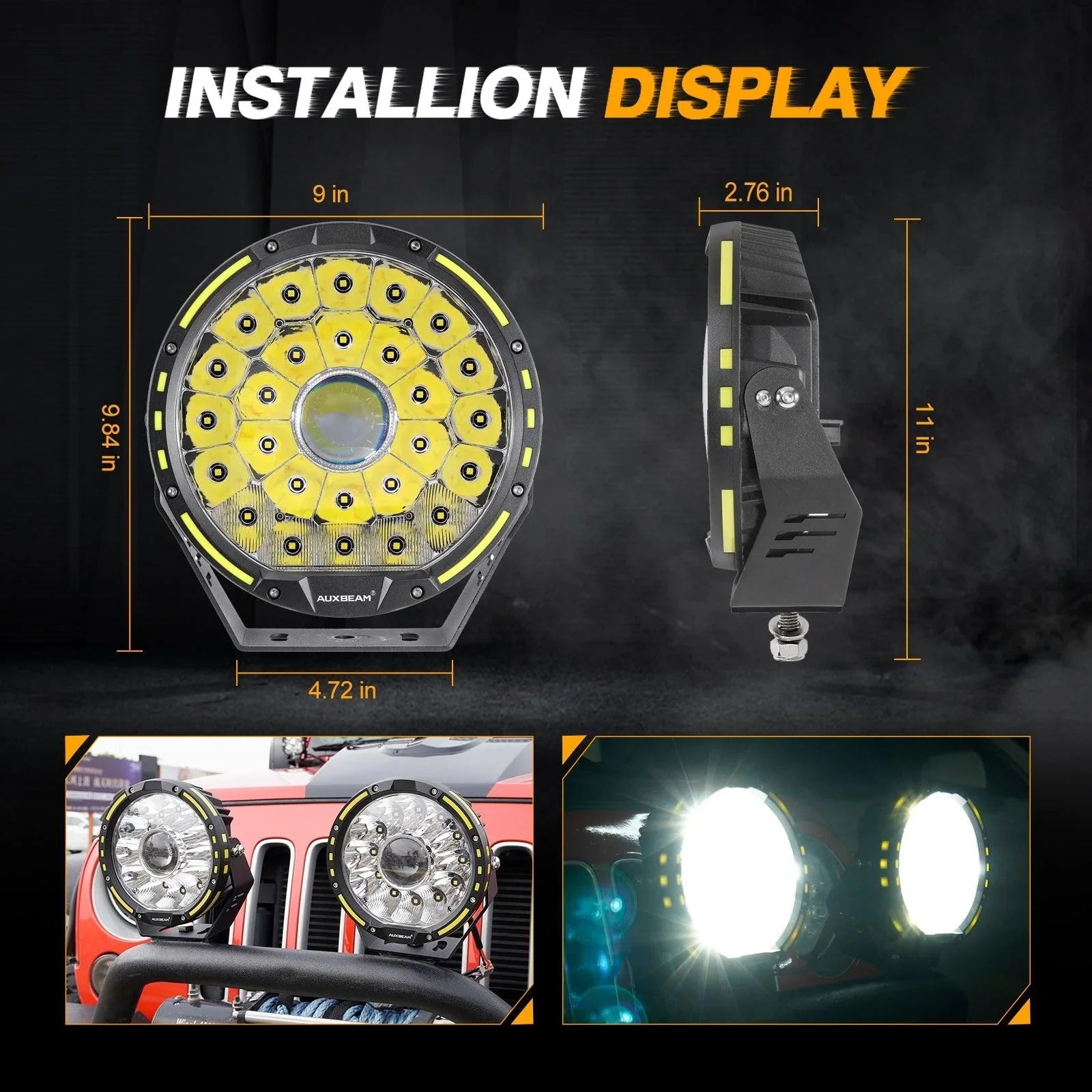 9 INCH 270W 37776LM 360-PRO Series Custom Lens Offroad LED Driving Lights+Amber/Black Covers(Optional) for JEEP WRANGLER JL JK TJ