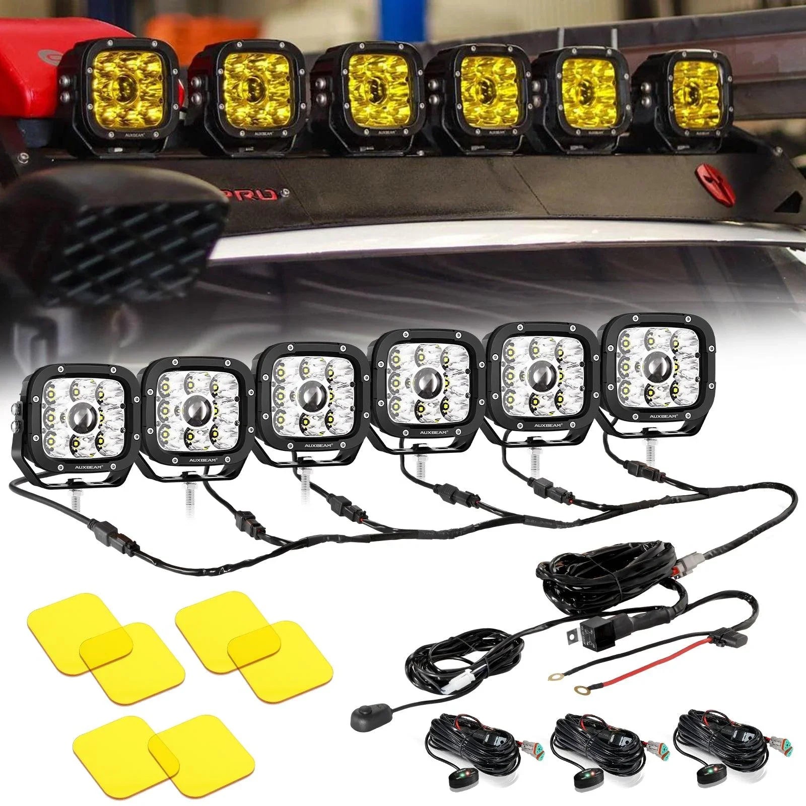6/8Pcs 5 Inch 132W Amber DRL LED Pod Lights with Power Harness
