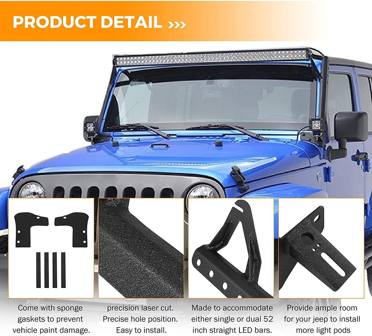 Auxbeam 52" Straight LED Light Bar & 4" LED PODS for Jeep Wrangler JK 2007~2017