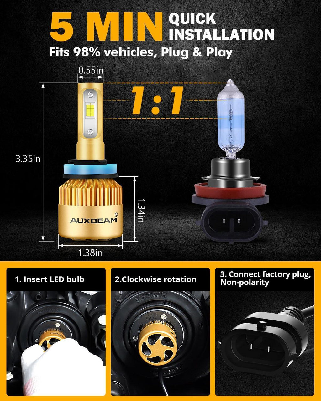 Auxbeam H11 LED Headlight Bulbs 72W S3 Series Fan Cooling 2 Bulbs