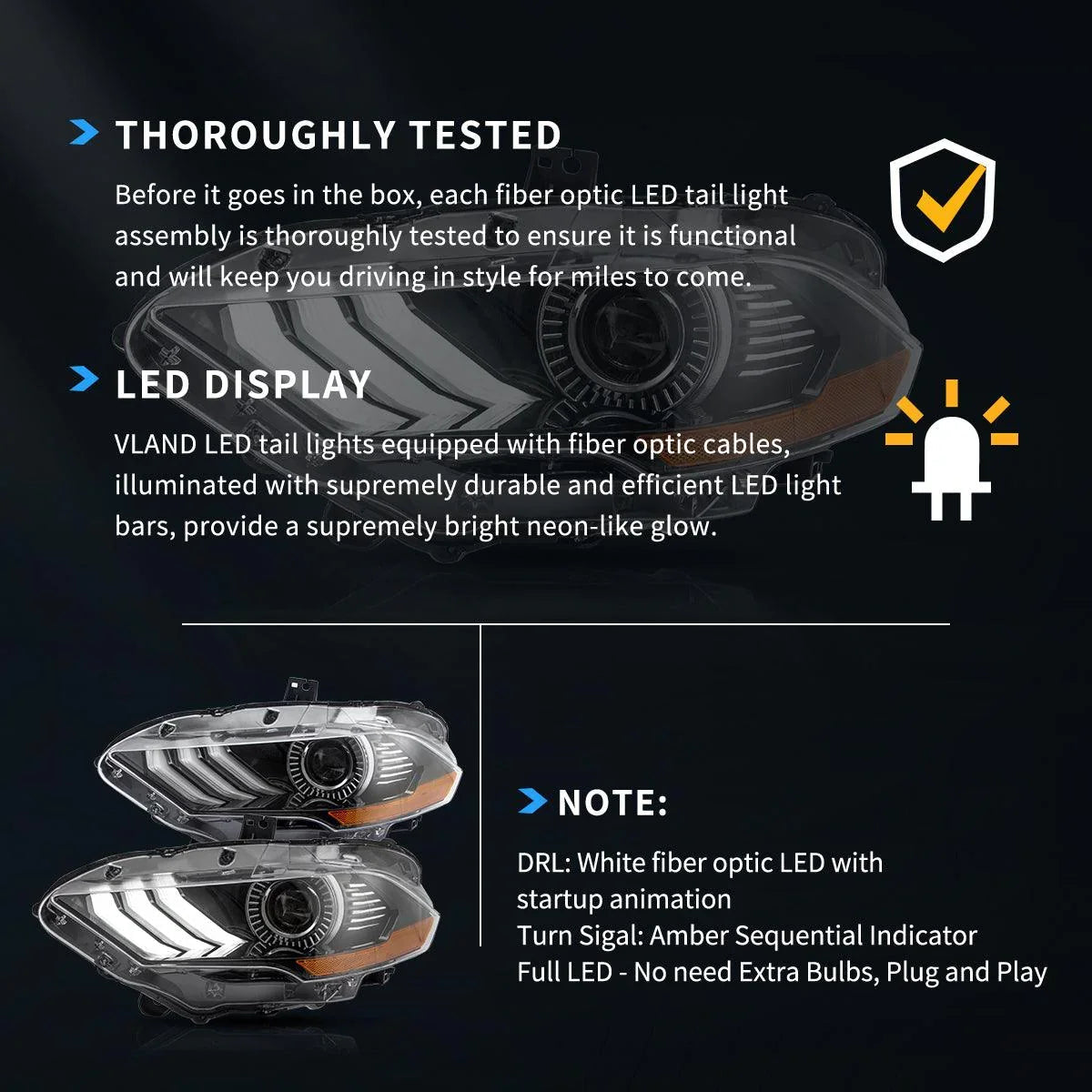Vland LED Headlight Assembly Dual for 2018-2024 Ford Mustang 6th Gen Facelifted