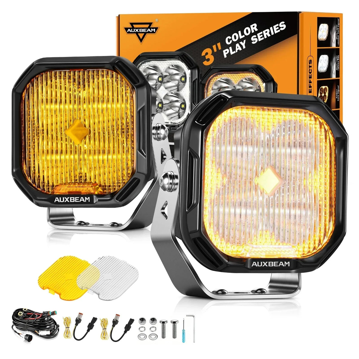 Color Play Series 3 Inch 100W Fog Lights Off Road Lights with White DRL & Amber Turn Signal Lights