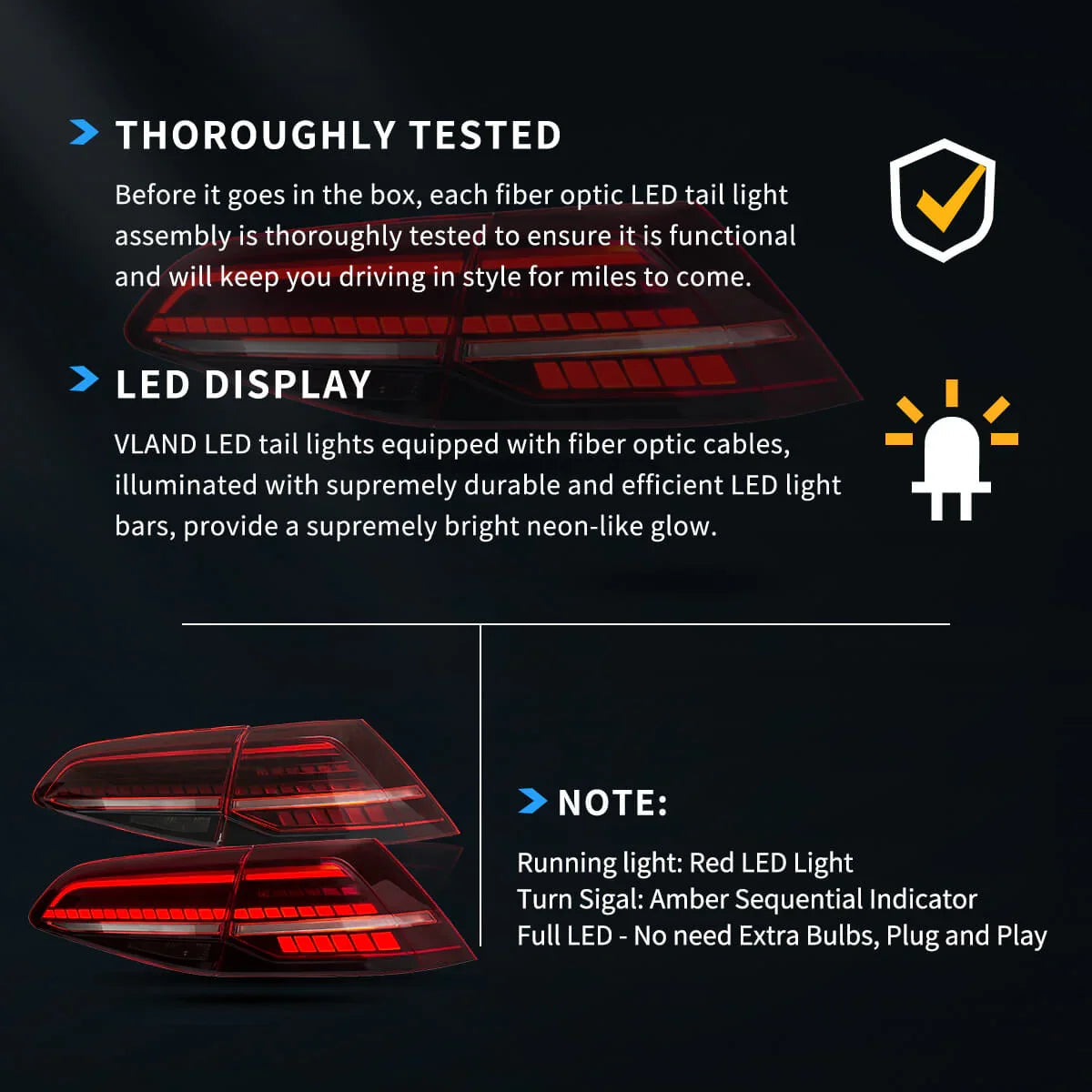 Vland LED Tail Light Assembly for 2013-2021 Volkswagen Golf MK7 MK7.5 Hatchback