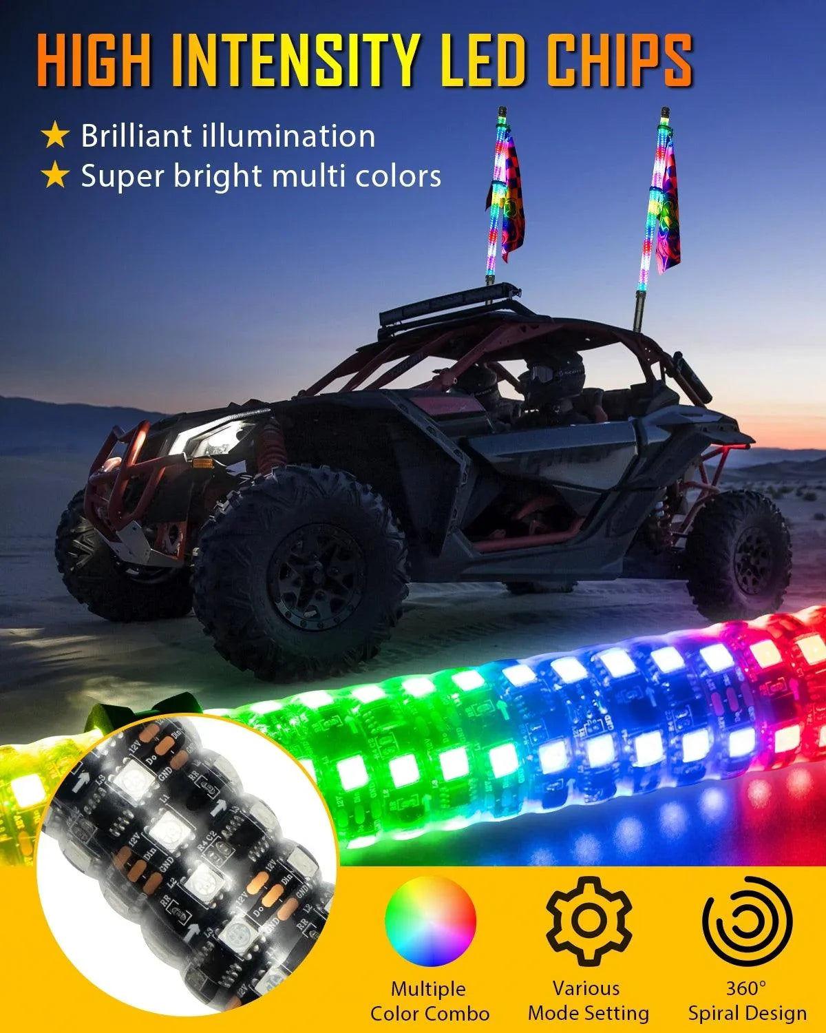 Auxbeam 2.8FT LED RGB Whip Lights with Turn Signal & Brake Light