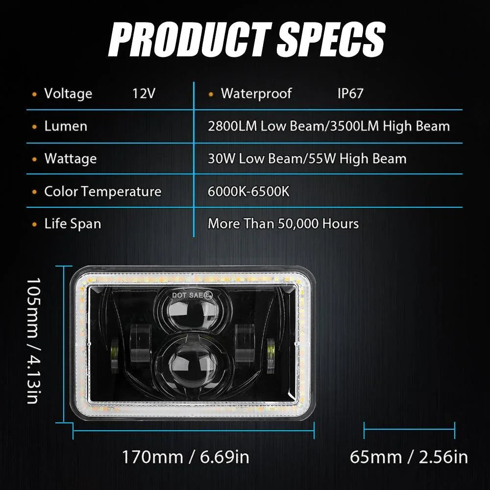 Auxbeam 4x6" Sealed Beam LED Headlight with Hi-Lo Beam & DRL Amber Turn Signal