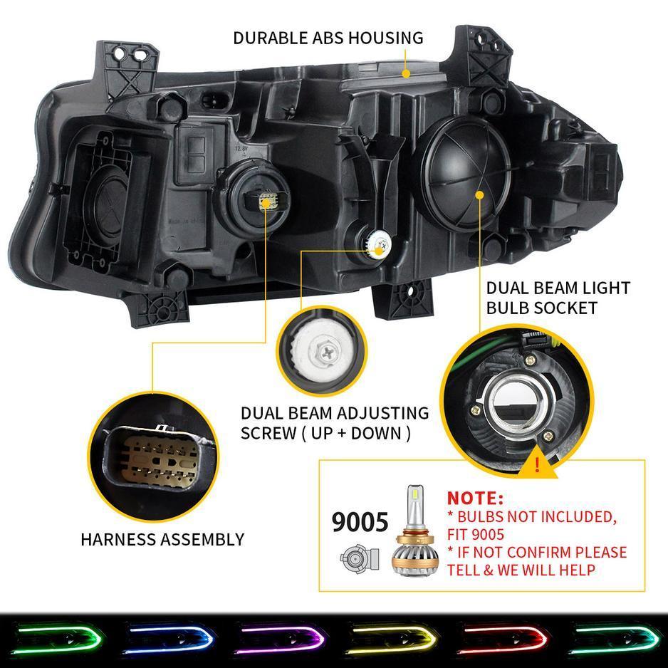 Vland LED Headlight Assembly RGB Style for 2015-2023 Dodge Charger 7th Gen (LD)