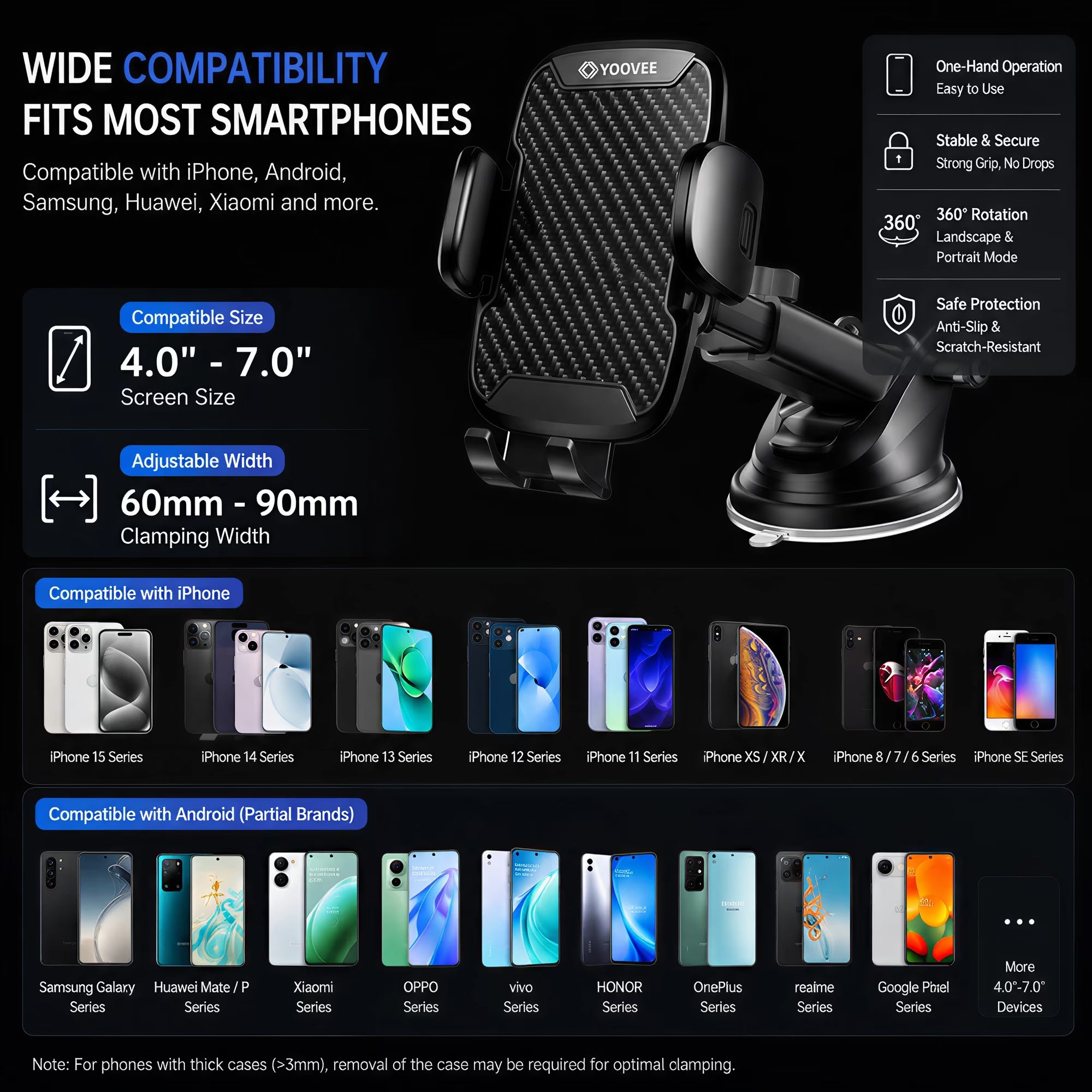 YOOVEE 3-in-1 Universal Car Phone Holder - Heavy-Duty Dash, Windshield & Vent Mount
