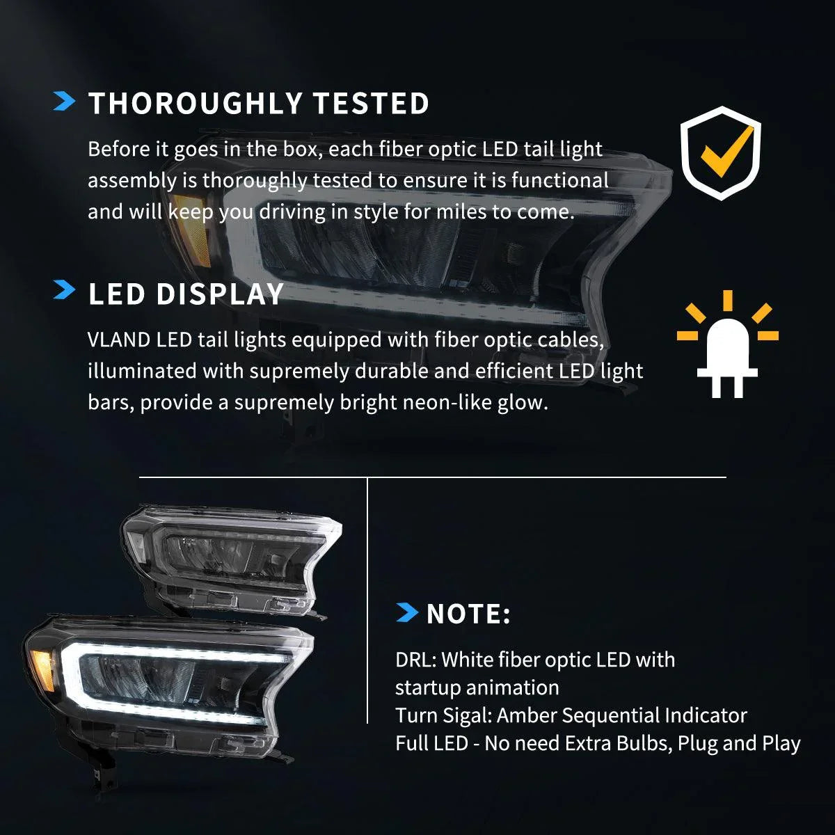 Vland LED Headlight Assembly Reflection for 2019-2021 Ford Ranger [US Types]
