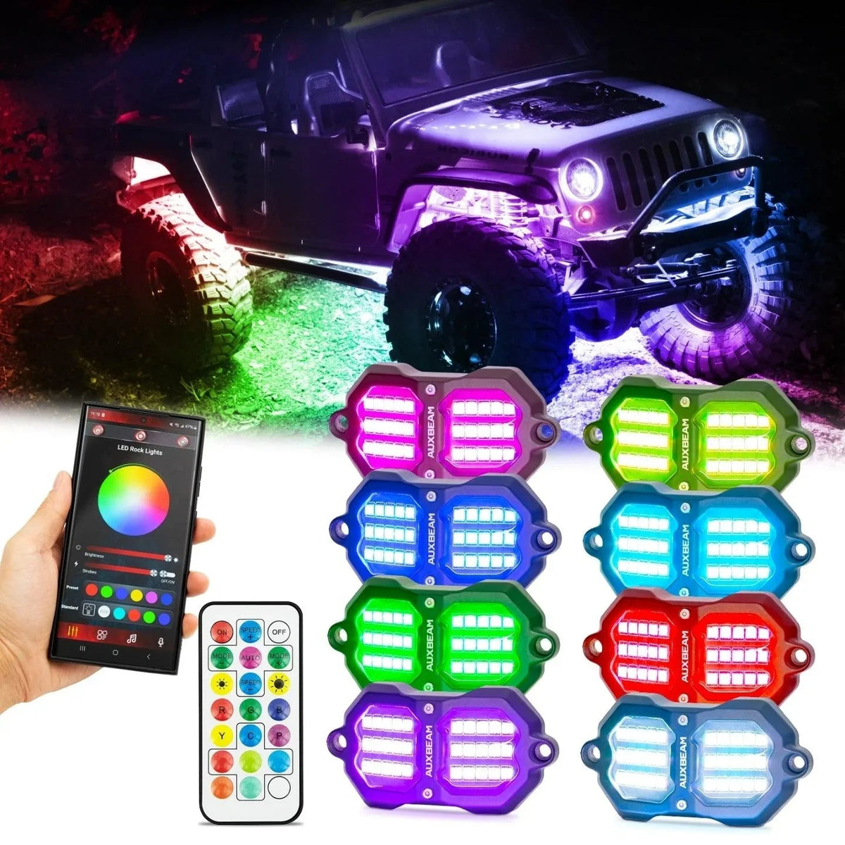 Auxbeam Vibrant Series 8PCS RGB LED Rock Lights Kit Multicolor Neon Underglow